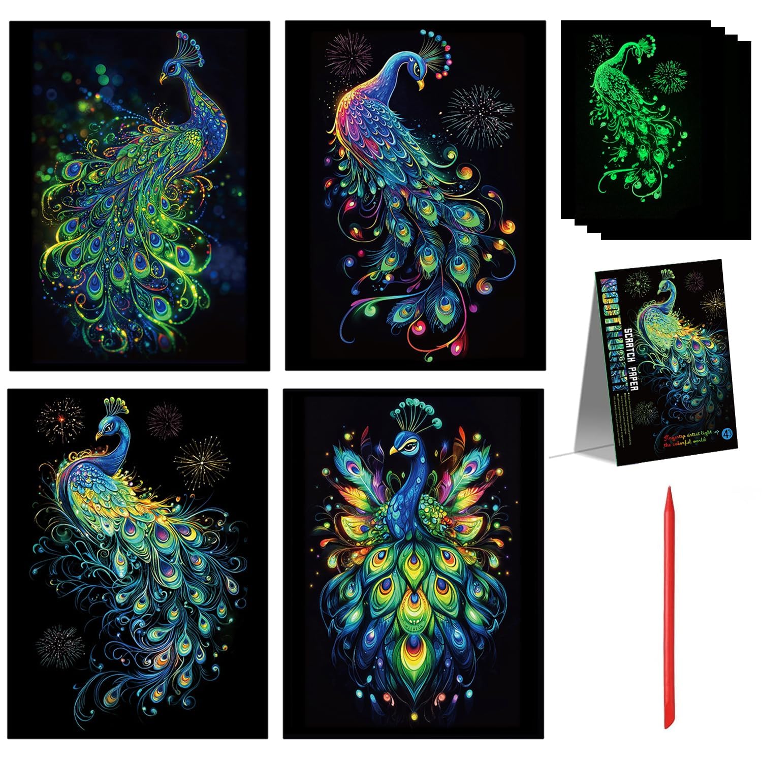 5Pcs Glow in The Dark Scratch Art Cards - Peacock Themed Magic Scratch Art for All Ages, Party Bag Fillers, Creative Birthday Christmas Gift