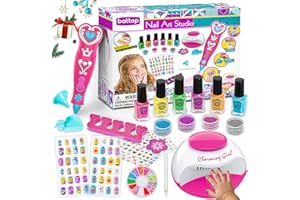 BATTOP Kids Nail Polish Set for Girls, Nail Art Kits with Nail Dryer & Glitter Pen, Quick Dry & Peel Off & Non-Toxic Nail Polish, Christmas Birthday Gifts for Girls Ages 6 7 8 9 10 11 12