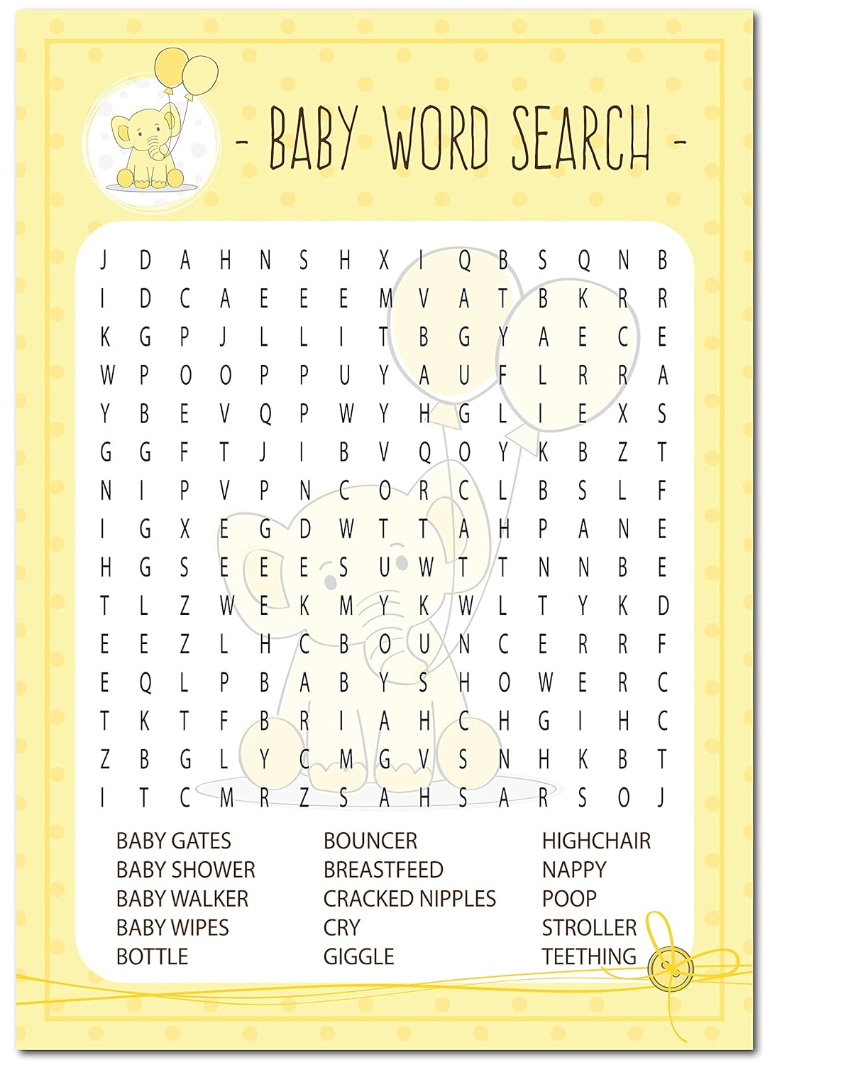 16 Pack Cute Elephant Baby Shower Games Blue Word Search Boy Girl