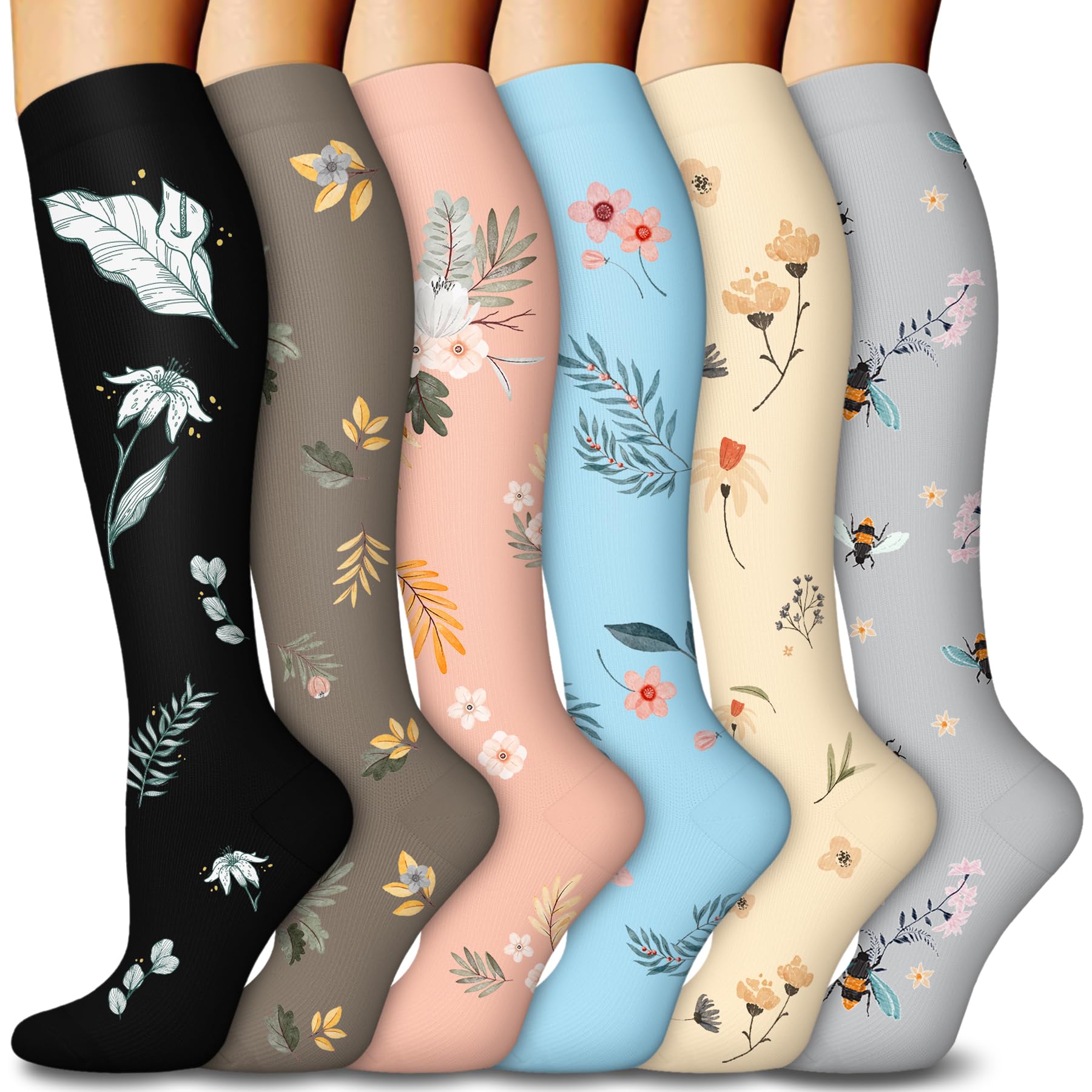 Photo 1 of 6 Pairs Compression Socks for Women & Men 15-20mmHg Graduated Support Knee High Socks for Nurses, Travel, Athletic