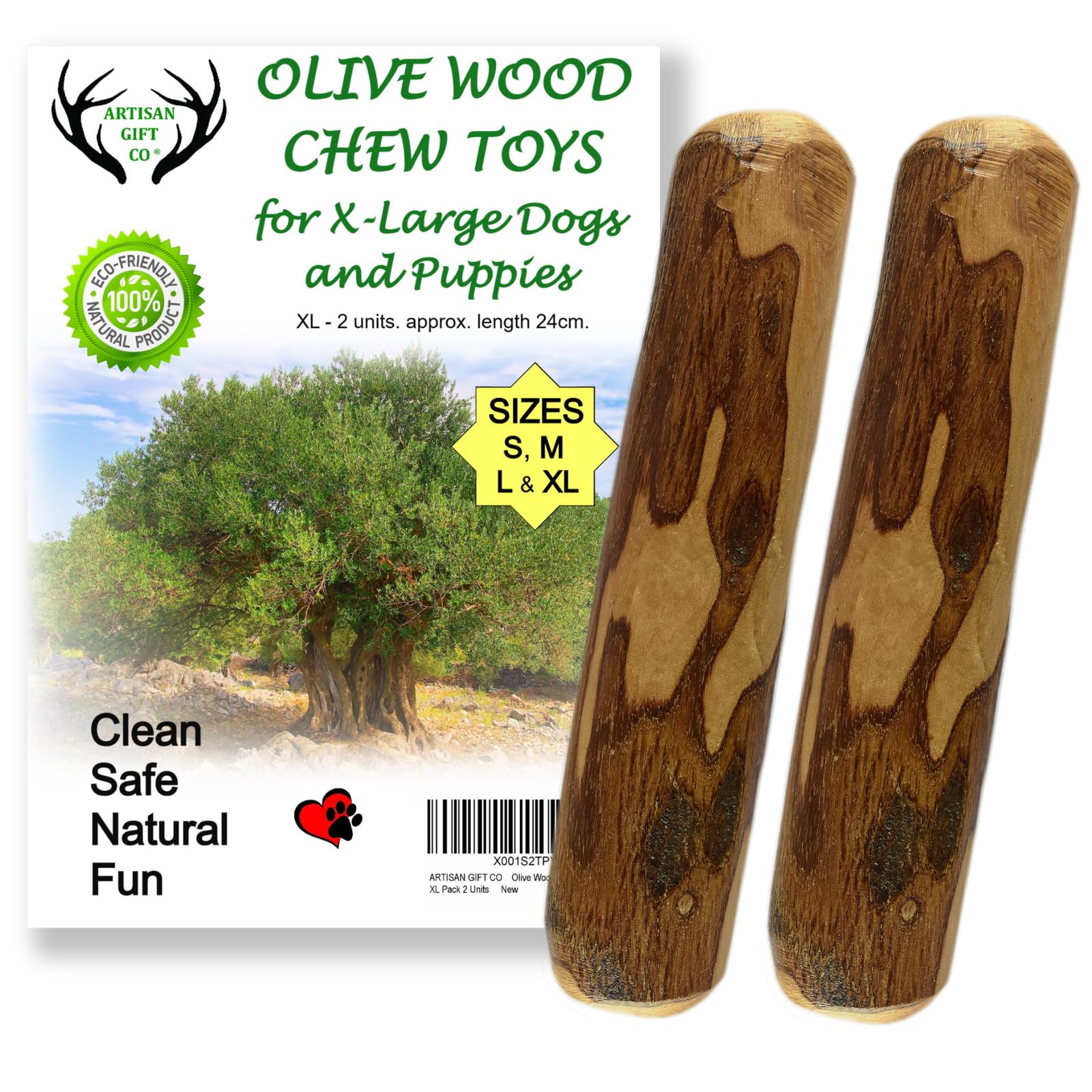 Natural Olive Wood Long Lasting Dog Chew, Puppy Teething Toy, Saving Pack 2 Sticks (X-Large) 24cm. ARTISAN GIFT CO