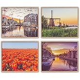 The Netherlands Vintage Vibrant Photography Photographic Prints, Set of 4, Unframed, Windmills, Canals, Tulips, Amsterdam, Wall Art Decor Poster Sign, 8x10 Inches