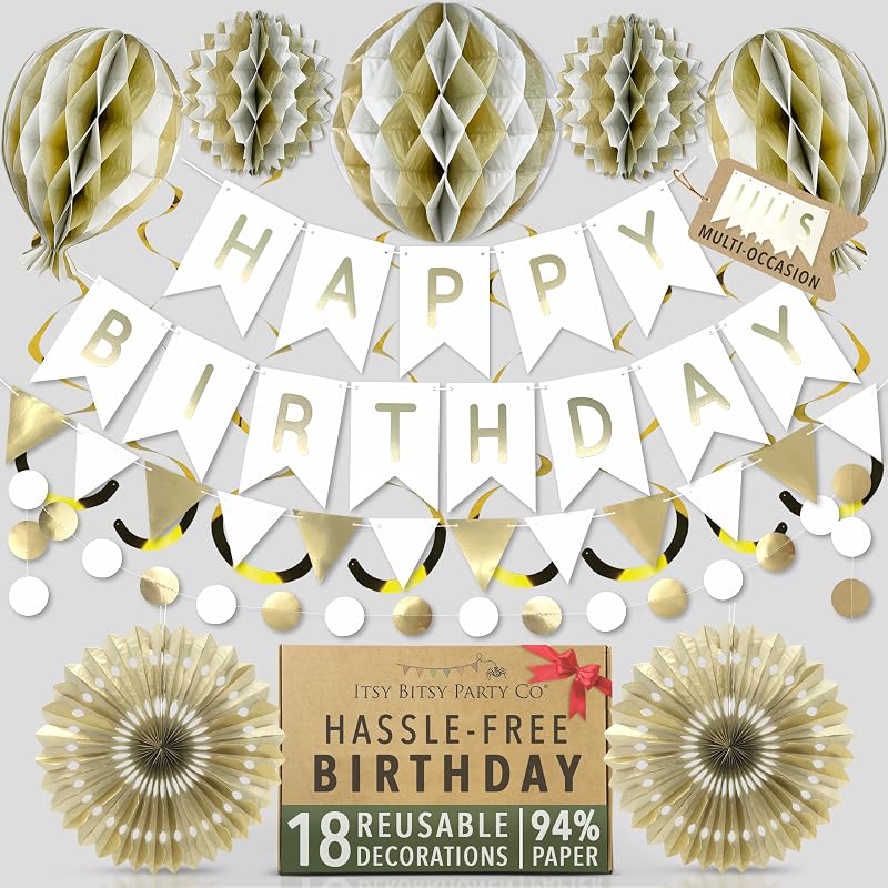 Itsy Bitsy Party Co Premium Reusable Birthday Decorations White Gold