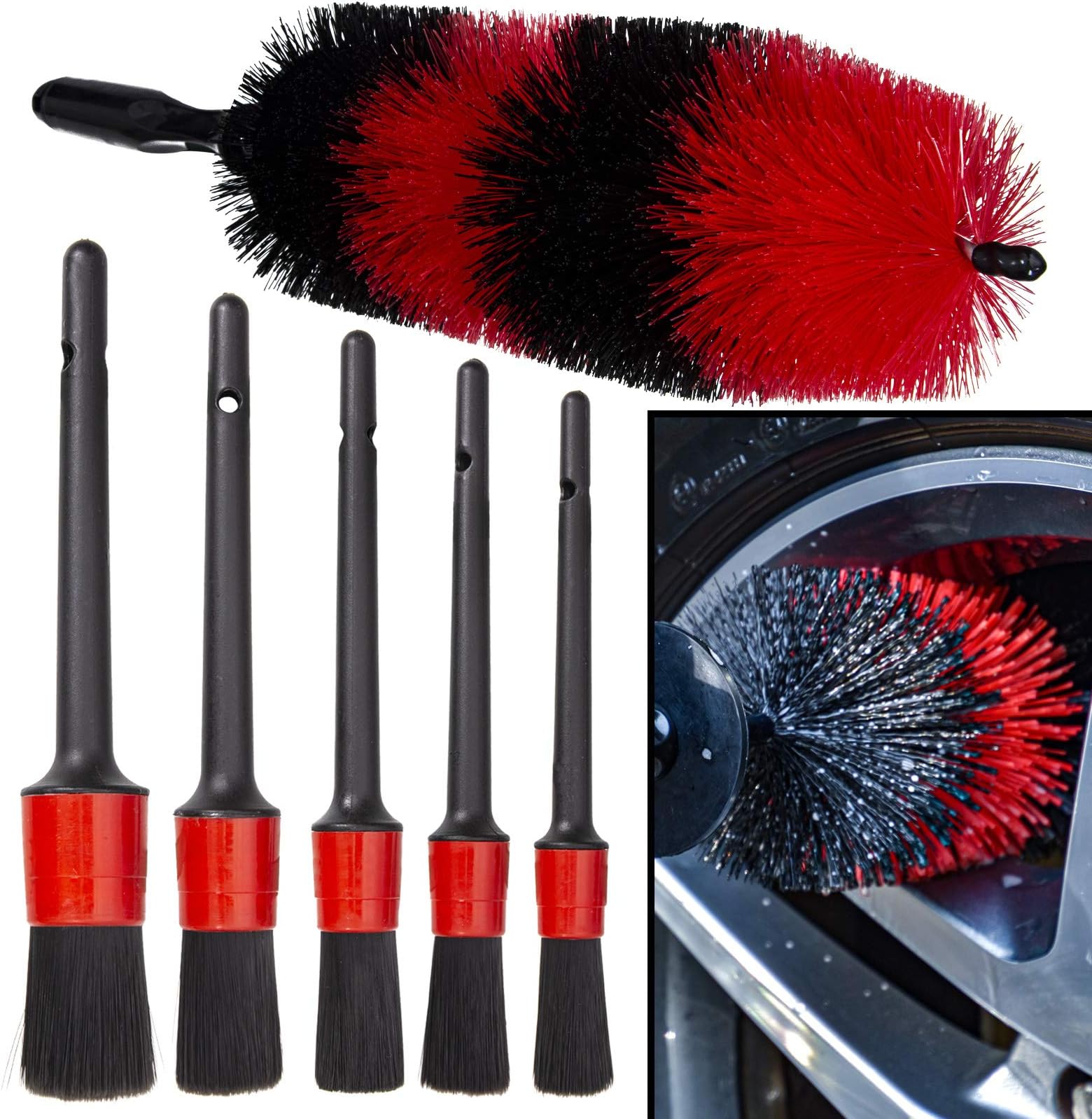 YISHARRY LI Car Wheel Cleaning Brush Kit-18inch Long Soft Bristle Tire Brush and 5 Different Sizes Boar Hair Detail Brushes