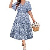 IN'VOLAND Plus Size Casual Dresses for Women Blue Boho Floral V Neck Short Sleeve Beach Long Maxi Dresses with Pockets