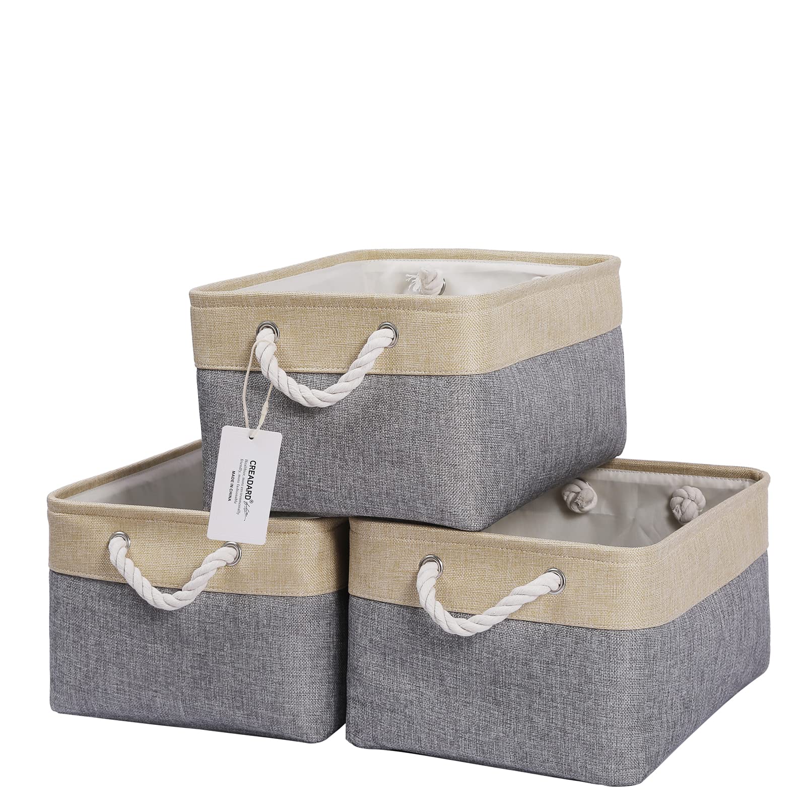 CREADARD Fabric Storage Basket Set of 3, Foldable Linen Storage Box for Nursery and Home, Collapsible Canvas Shelf Basket for Wardrobe or Bedroom, Greybeige
