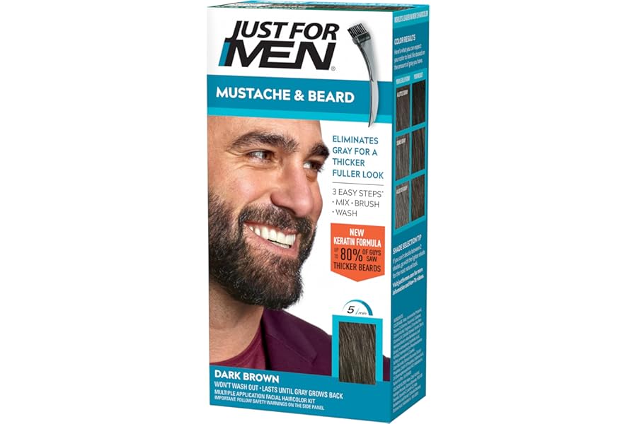 Just For Men Mustache & Beard, Beard Dye for Men with Brush Included, With Keratin Biotin Aloe and Coconut Oil for Healthy Facial Hair – Dark Brown, M-45, Pack of 1 (Packaging May Vary)