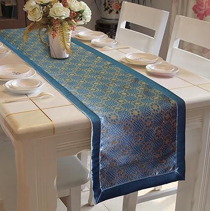 Lushomes Light Blue Jacquard Design 2 Table Runner Polyester Border (Size: 16x72), Single Piece