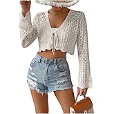 GORGLITTER Women's Crochet Tie Front Tops Bell Long Sleeve Cropped Cardigan Summer Beach Festival Boho Tops 2025