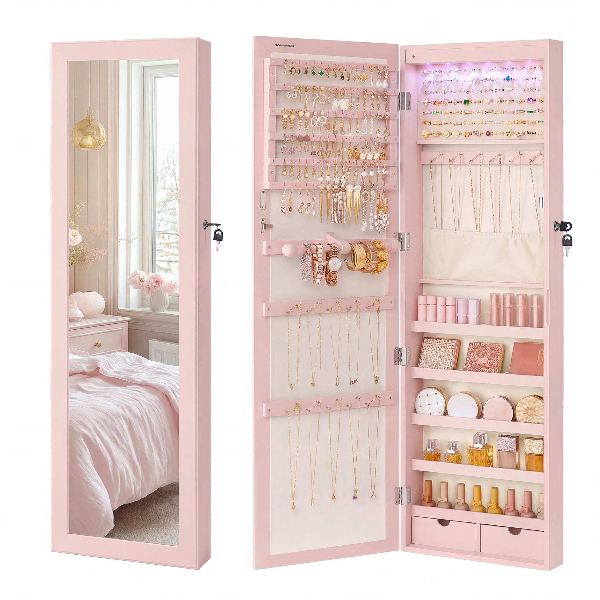SONGMICS 6 LEDs Mirror Jewelry Cabinet, 47.2-Inch Tall Lockable Wall or Door Mounted Jewelry Armoire Organizer with Mirror, 2 Drawers, 3.9 x 14.6 x 47.2 Inches, Jelly Pink UJJC093SA02S Image