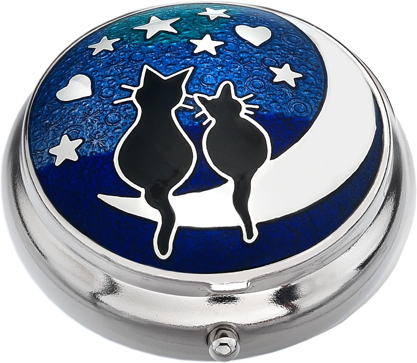 Pill Box - Cats on Moon Design - Enamelled Pewterware, Black