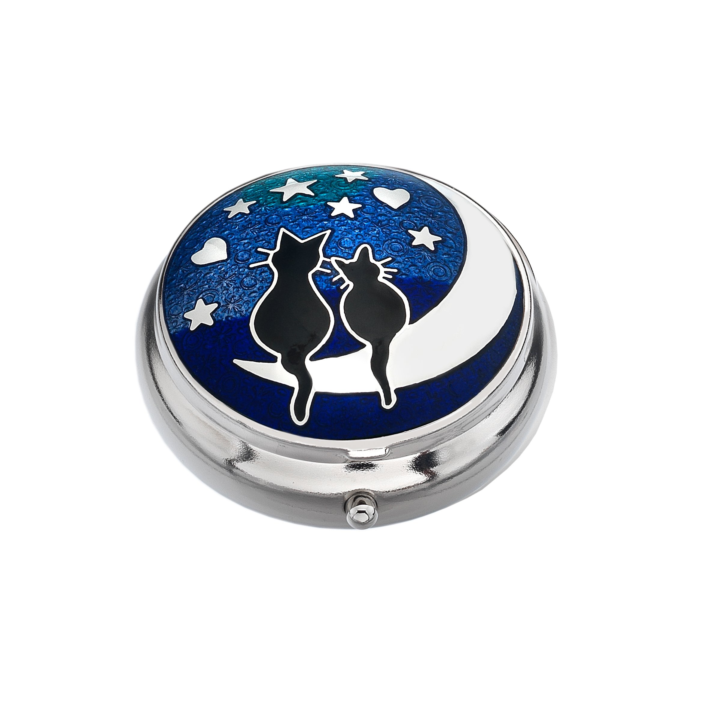 Pill Box - Cats on Moon Design - Enamelled Pewterware