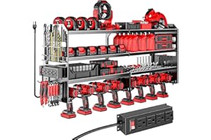 VeyFolzin.st Large Power Tool Organizer Wall Mount with Charging Station, 4 Layer Heavy Duty Metal Cordless Tool Organizer, Tool Storage Rack with 8 Cordless Drill Holder Screwdriver Hammer(Black)