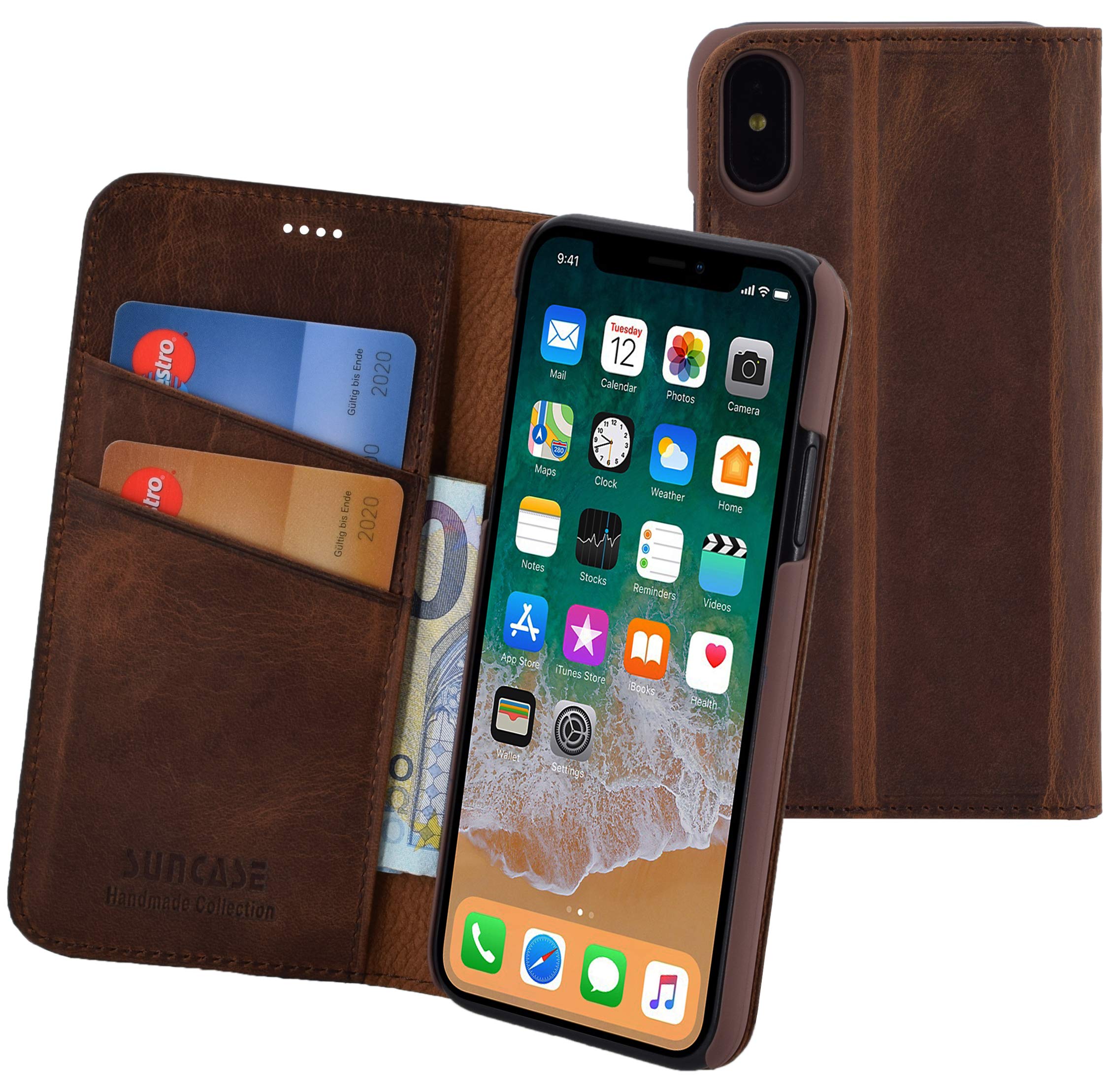 Suncase Handmade book-style compatible with iPhone X / XS (5.8 inch) leather case made of genuine leather case protective wallet case cover coffee