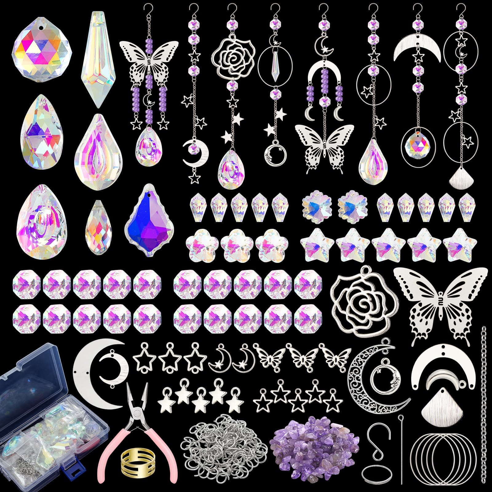 350pcs+ DIY Suncatcher Making Kits Crystal Sun Catcher Hanging Decor Arts and Crafts Supplies Set with Crystals Beads, Pendants, Charms, Hooks, Chains for Indoor Outdoor Home Wedding Garden Decor