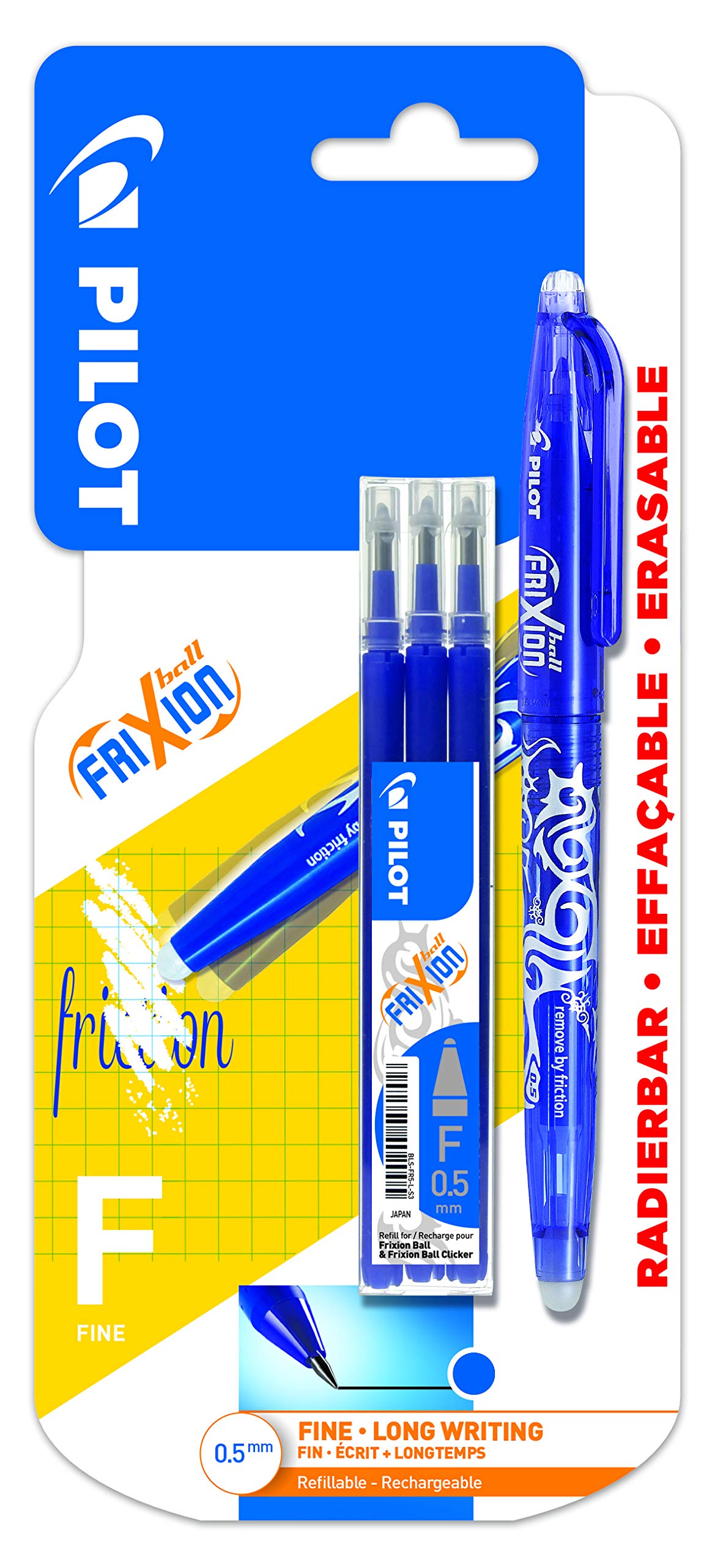 PILOT Frixion Erasable Rollerball Pen Fine 0.5mm Tip- Blue, Pen and 3 Refills
