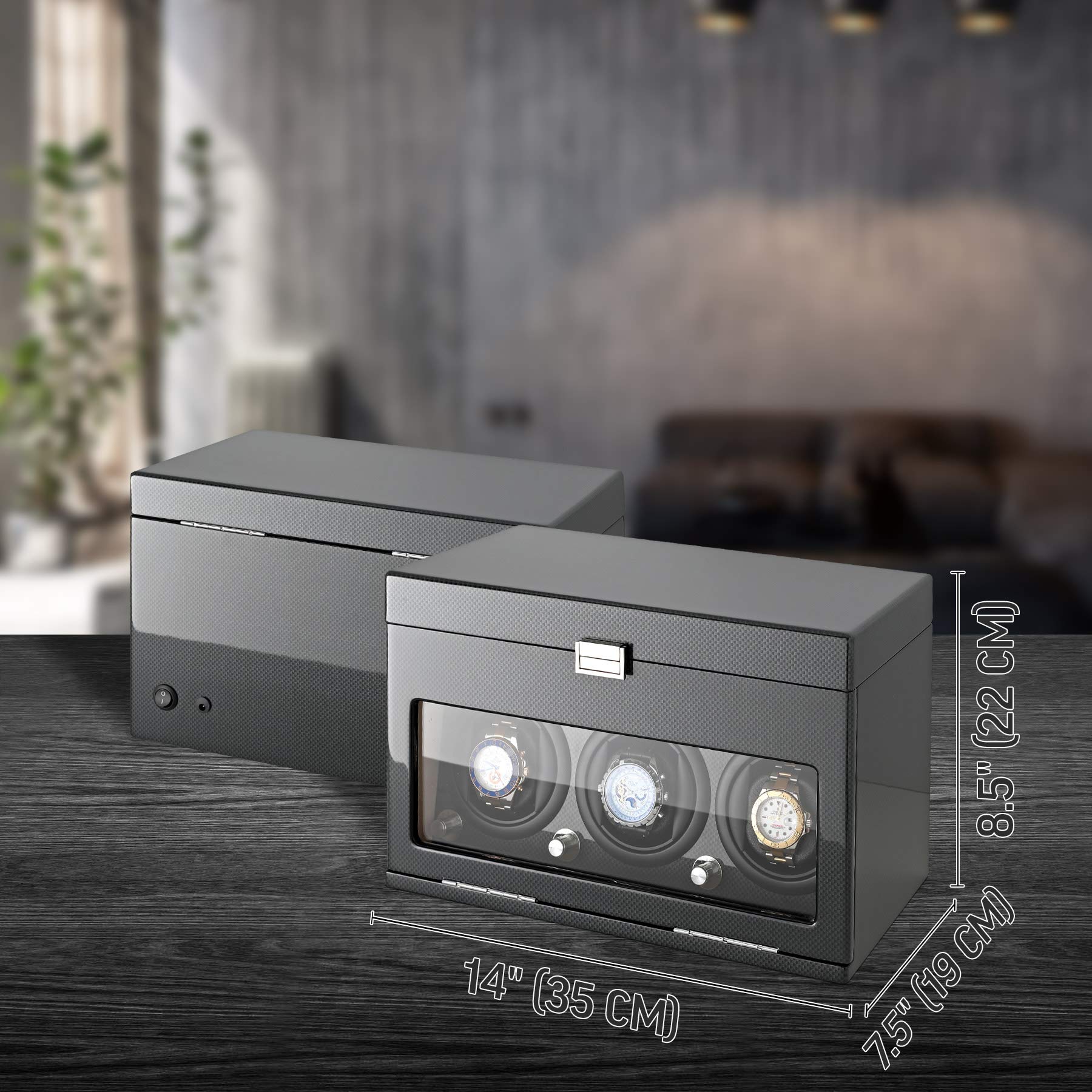 Leader watch winders 腕時計巻取り機と収納ボックス 自動巻き時計3個 腕時計12個収納スペース, カーボン+ベージュ, モダン
