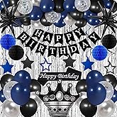 Blue and Black Birthday Decorations for Men Boys Women, 78PCS Blue and Silver Happy Birthday Decorations Mens Boy, Happy Birthday Banner Balloons Arch Fringe Curtain Hanging Swirl Sash Party Decor