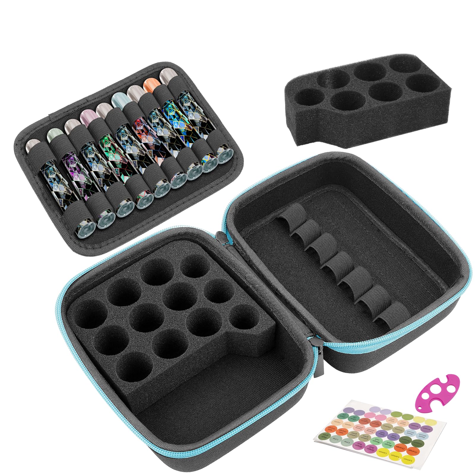 Essential Oil Box 44 Slots Travel Hard Shell Essential Oils Organizer Holder Storage Aromatherapy Oils Case Bag with Bottle Opener Labels Protective Bag for 5ml 10ml 15ml Bottles