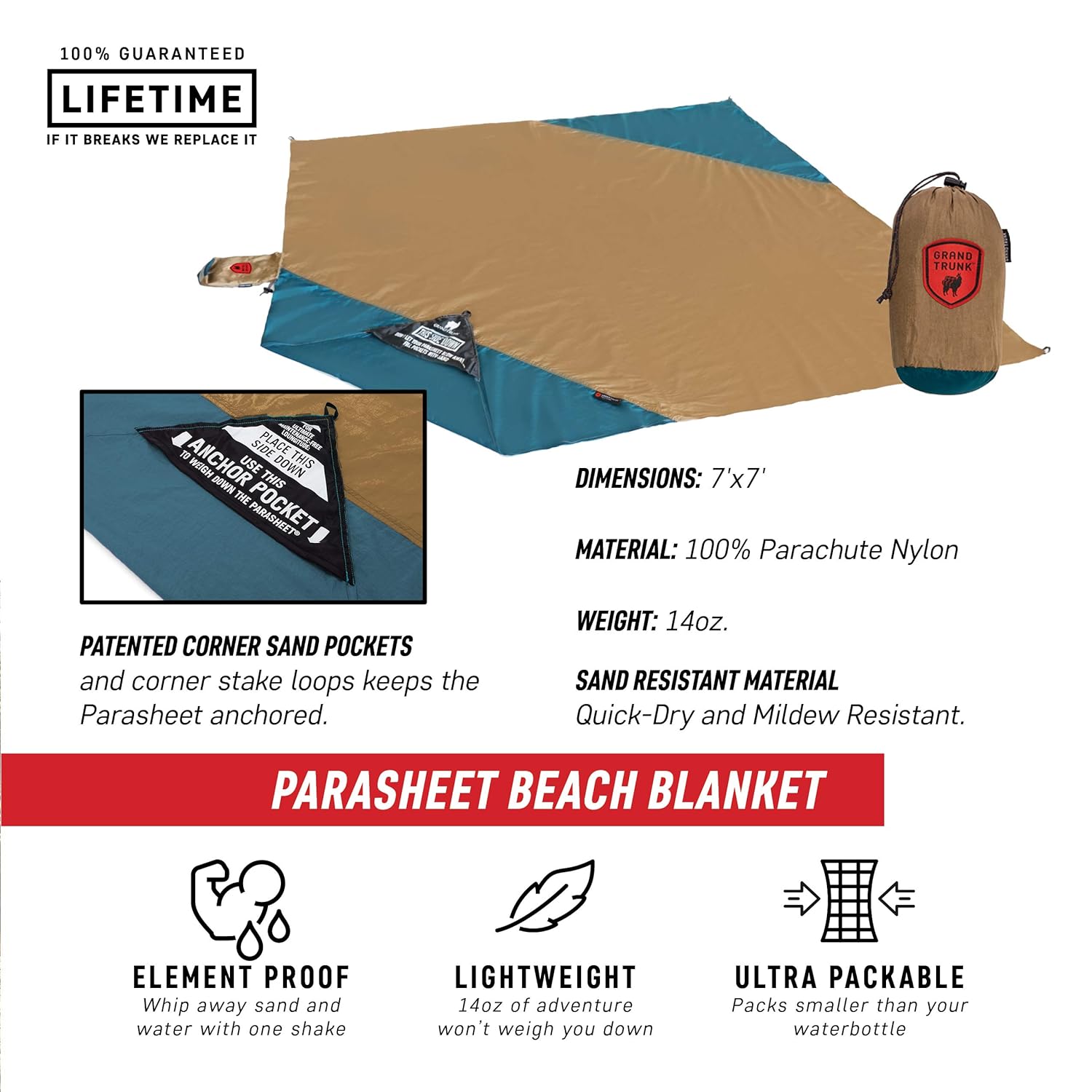 Grand Trunk Parasheet Beach Blanket Patented Large Portable Sand Proof