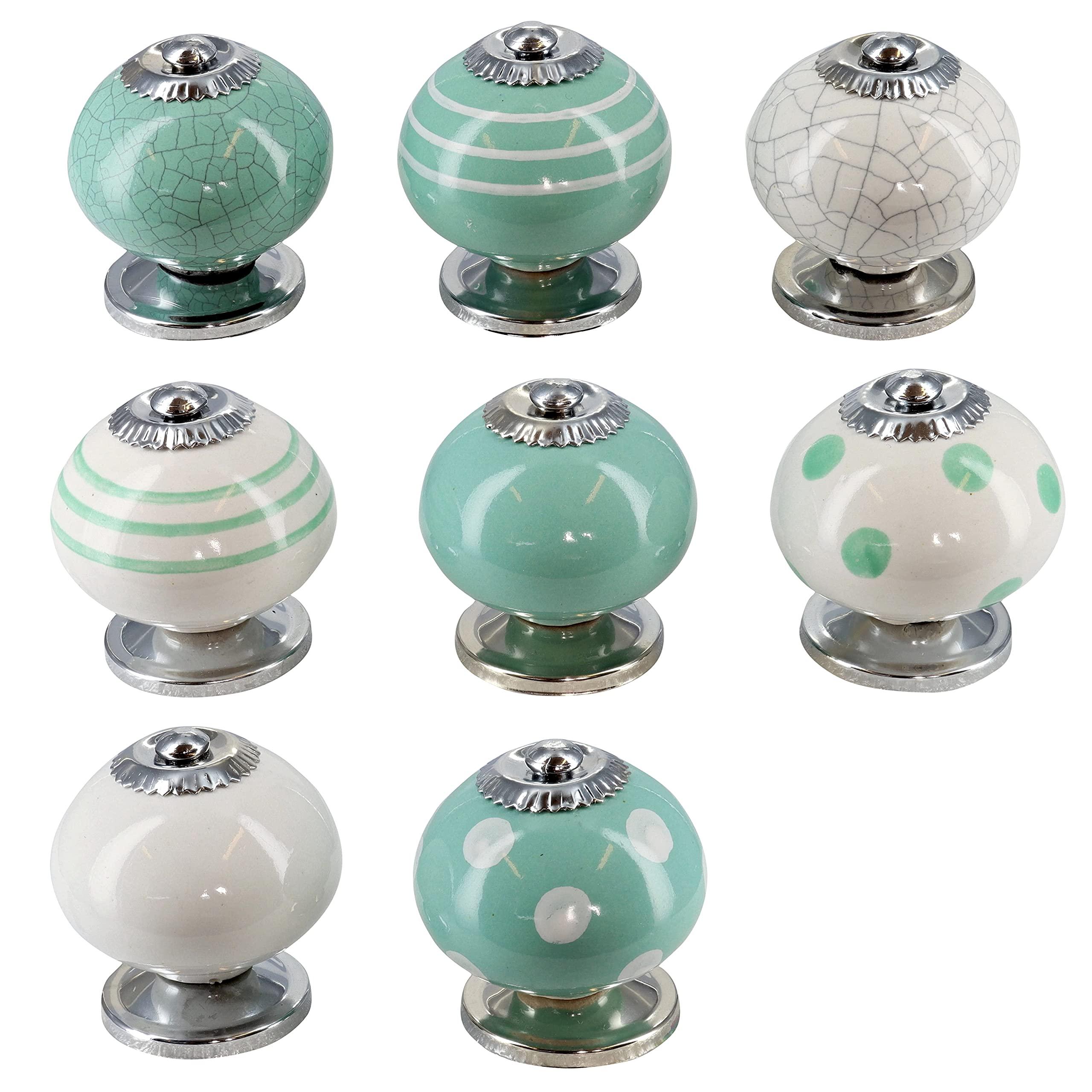 G Decor Green and White Handmade Assorted Designs Ceramic Door Knobs, Vintage, Shabby Chic, Interior Furniture, Cabinet Cupboard Drawers Pulls Handles (8-Pack)
