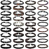 NEWITIN 36 Pieces Braided Leather Bracelets for Men Woven Cuff Wrap Bracelet Wood Beads Cuff Bangle Adjustable Wristband Bracelets Ethnic Tribal Bracelet Set for Women Men