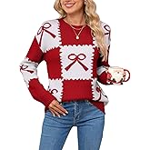 shermie Women Check Sweater 2025 Fall Winter Long Sleeve Crew Neck Color Block Bow Pullover Sweaters