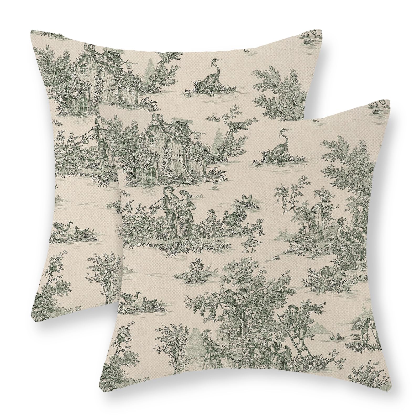 GOLIANDA Sage Green Toile Pillow Covers 18x18 Set of 2 Vintage French Country Throw Pillows Sage Green Outdoor Decorative Pillowcase Retro Rustic Linen Decor Farmhouse Cushion Case for Couch Bed