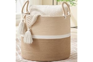 KAKAMAY Large Blanket Basket (18"x18"x16"),Woven Baby Laundry Hamper for Storage, Cotton Rope Blankets Baskets for Nursery, Laundry, Living Room, Pillows, Baby Toy chest with Handles (Light Brown)