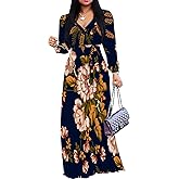 Girlair Women's Plus Size Maxi Dresses Long Sleeves V Neck Floral Print Bohemian Swing Long Dress with Belt
