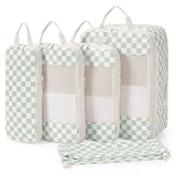 Narwey 5 Set Compression Packing Cubes for Travel, Luggage Packing Organizer Bags for Carry on Suitcase, Expandable Checkered Storage Bags with Laundry & Handle (Mint Green Checkerboard)