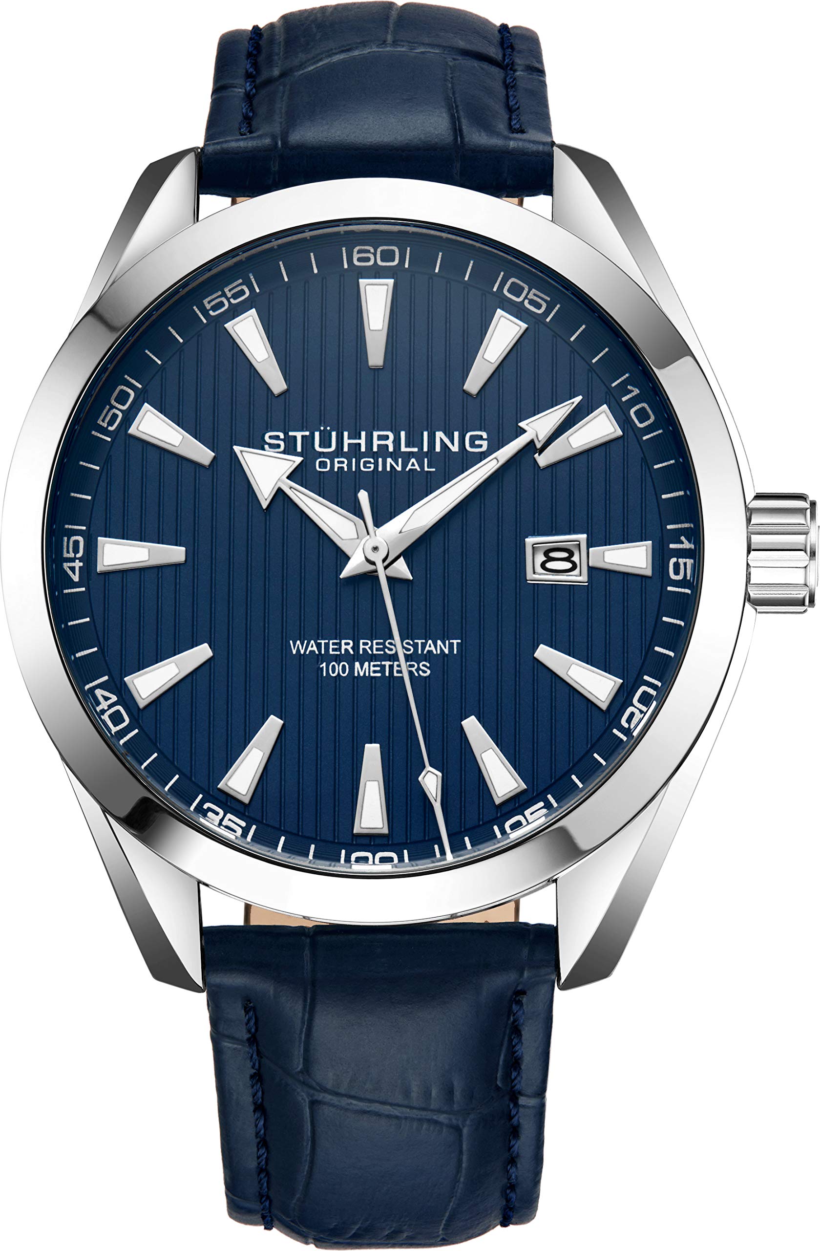 Stuhrling Original Mens Watch Analog Dial with Date - Calfskin Leather Strap or Stainless Steel Bracelet, 3953 Watches for Men Collection (Leather/Blue)