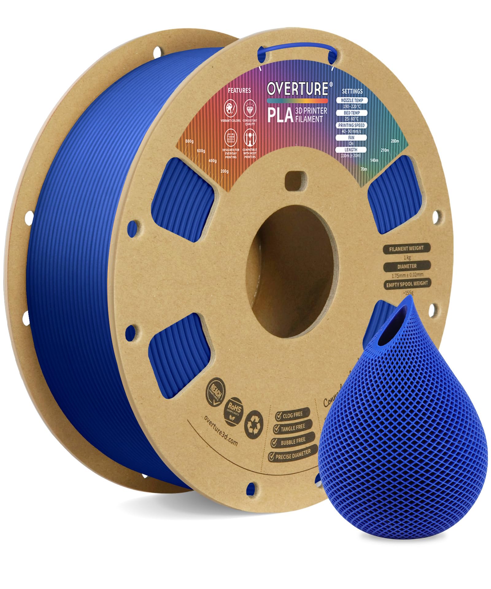 OVERTURE PLA Filament 1.75mm PLA 3D Printer Filament, 1kg Cardboard Spool (2.2lbs), Dimensional Accuracy +/- 0.02mm, Fit Most FDM Printer(Blue)