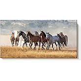 cozy country Rustic Horses Wall Art Decor: Western Farm Equine Canvas Picture Wild Animals Walking on Empty Grassland Farmhouse Ponies Portrait Painting Artwork for Living Room Bedroom 48" x 24"