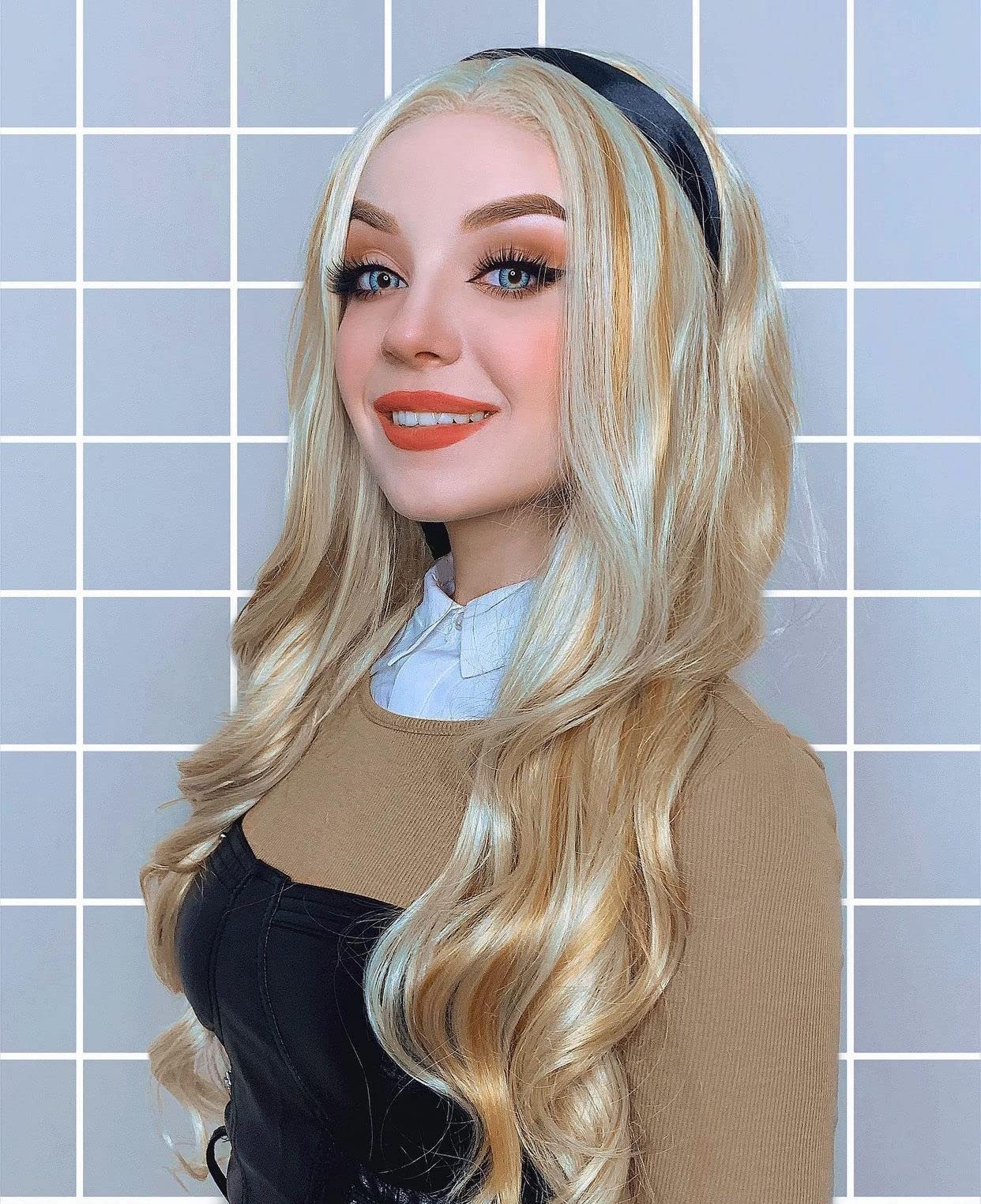 Mixed Blonde Highlight Synthetic Lace Front Wigs for Women Long Wave Pastel Lace Wigs Middle Parting Natural Look 24 Inch