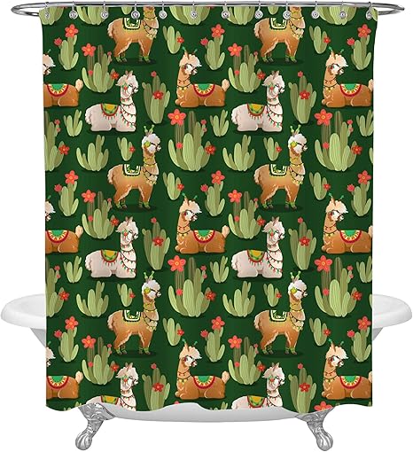 Amazon Co Jp 緑の背景のかわいいメキシコラマシャワーカーテン アルパカと砂漠のサボテンの植物のイラスト バスタブ用のフック付きの防水性とポリエステルのバスカーテン 0x180 Cm Home Kitchen