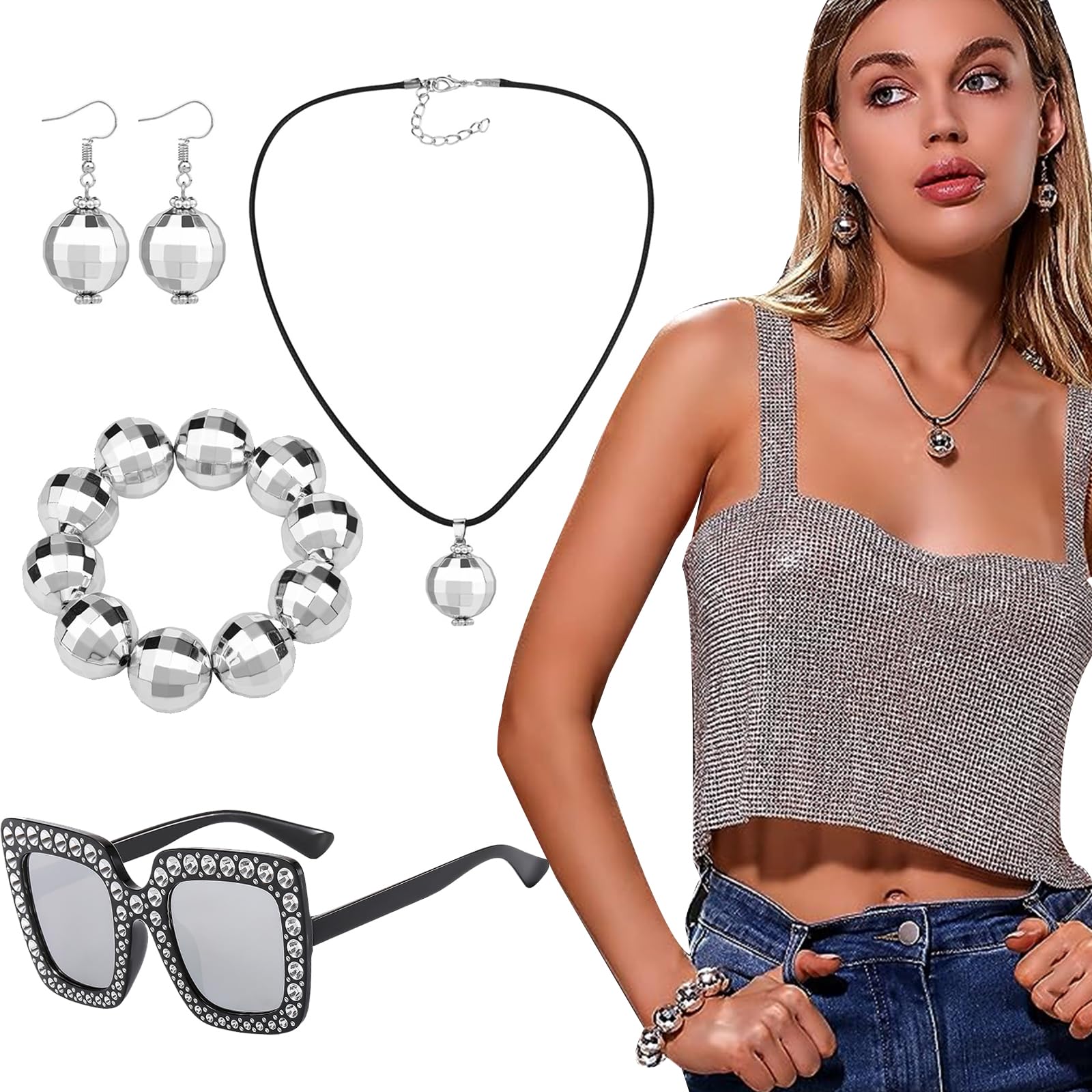 PLATEYTR Disco Accessories Women's Disco Costumes Women's Disco Party Sets Women's Disco Prom Costumes Dress Up 70s Women's Disco Disco Prom Party Sets
