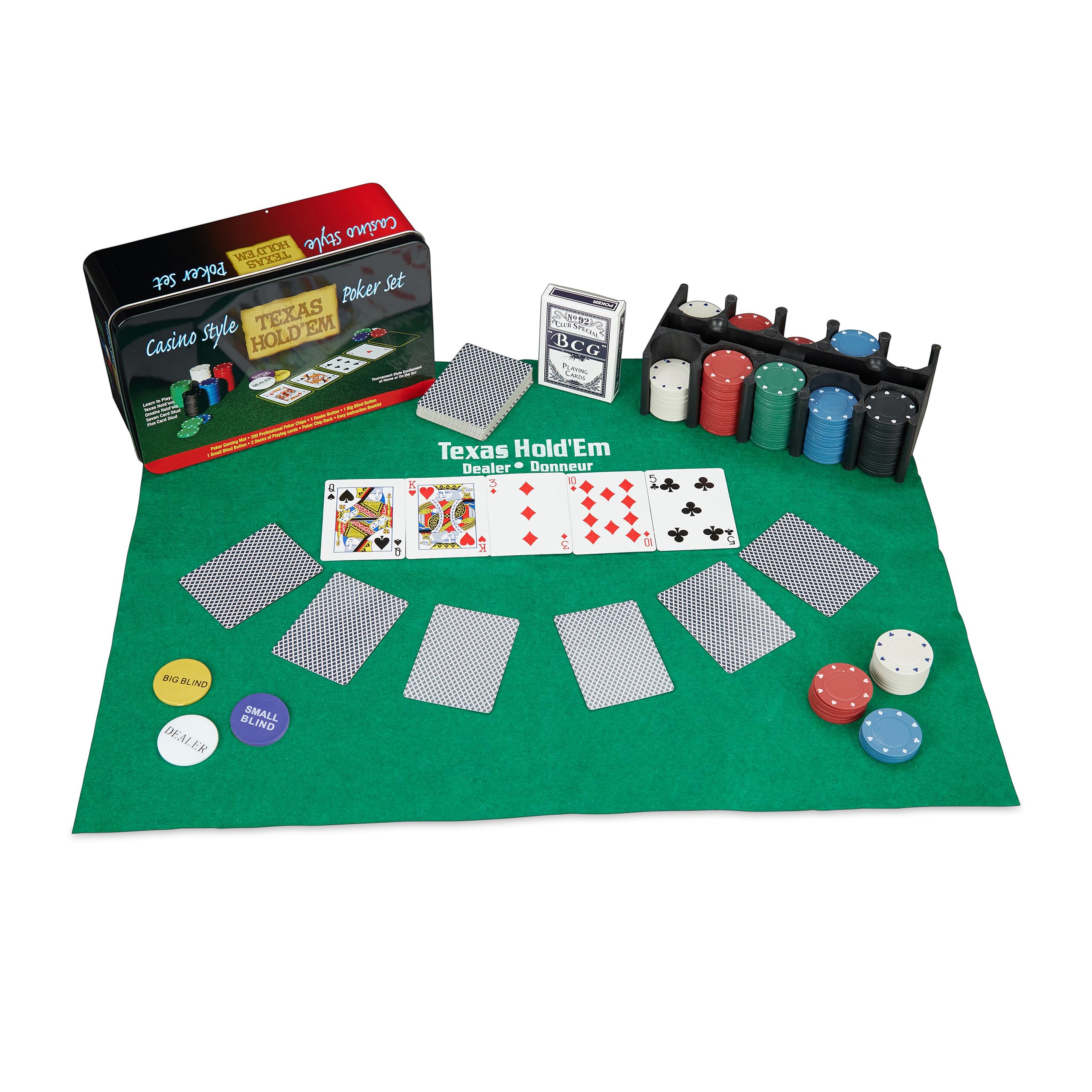 Relaxdays Pokerset, 200 Chips, Spielmatte, 2 Kartendecks, Dealerbutton, Blindbuttons, Casino-Feeling, Profi Pokerspiel, 9 x 24 x 15 cm