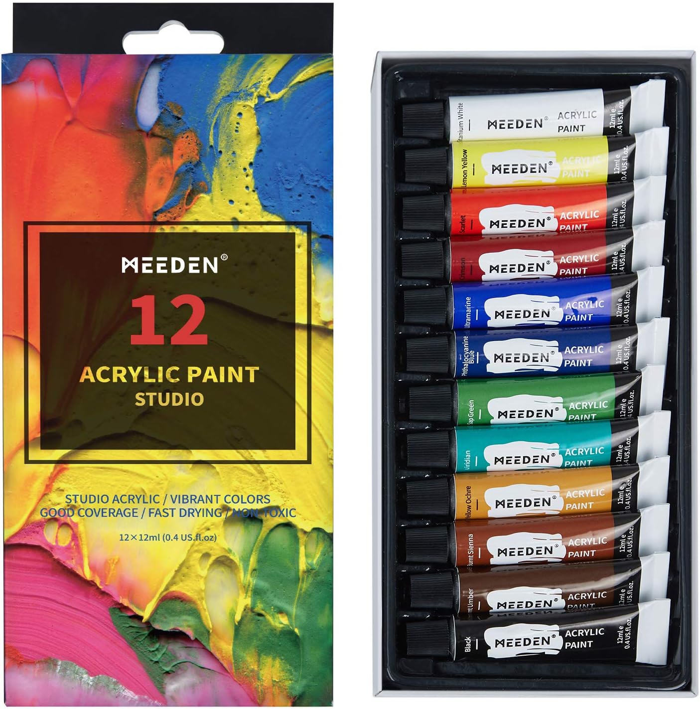 MEEDEN Acrylic Paint Set of 12 Colors/Tubes (12ml/0.4 oz.) Non Toxic