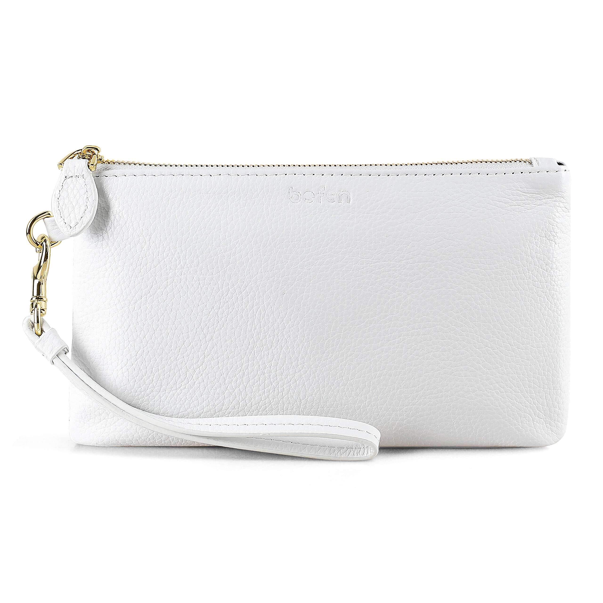 Befen White Leather Clutch Bags for Women, Small Ladies Wristlet Cell Phone Purse Wallet with Detachable Wrist Strap & Zip Closure for Evening, Holiday, Fit Phone 11 or Less 6.5 Inch