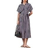 calbatic Women Striped Button Down Pleated Shirt Dress Summer Short Sleeve Ruffle A Line Swing Long Blouse Midi Long Dress Navy Blue