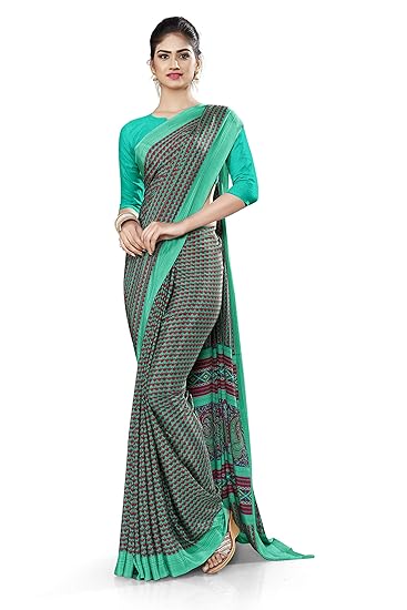 Uniform Sarees Corp Womens Border Small Print Italian Silk Crepe Hospital Uniform Saree With Blouse (Brown;Green)