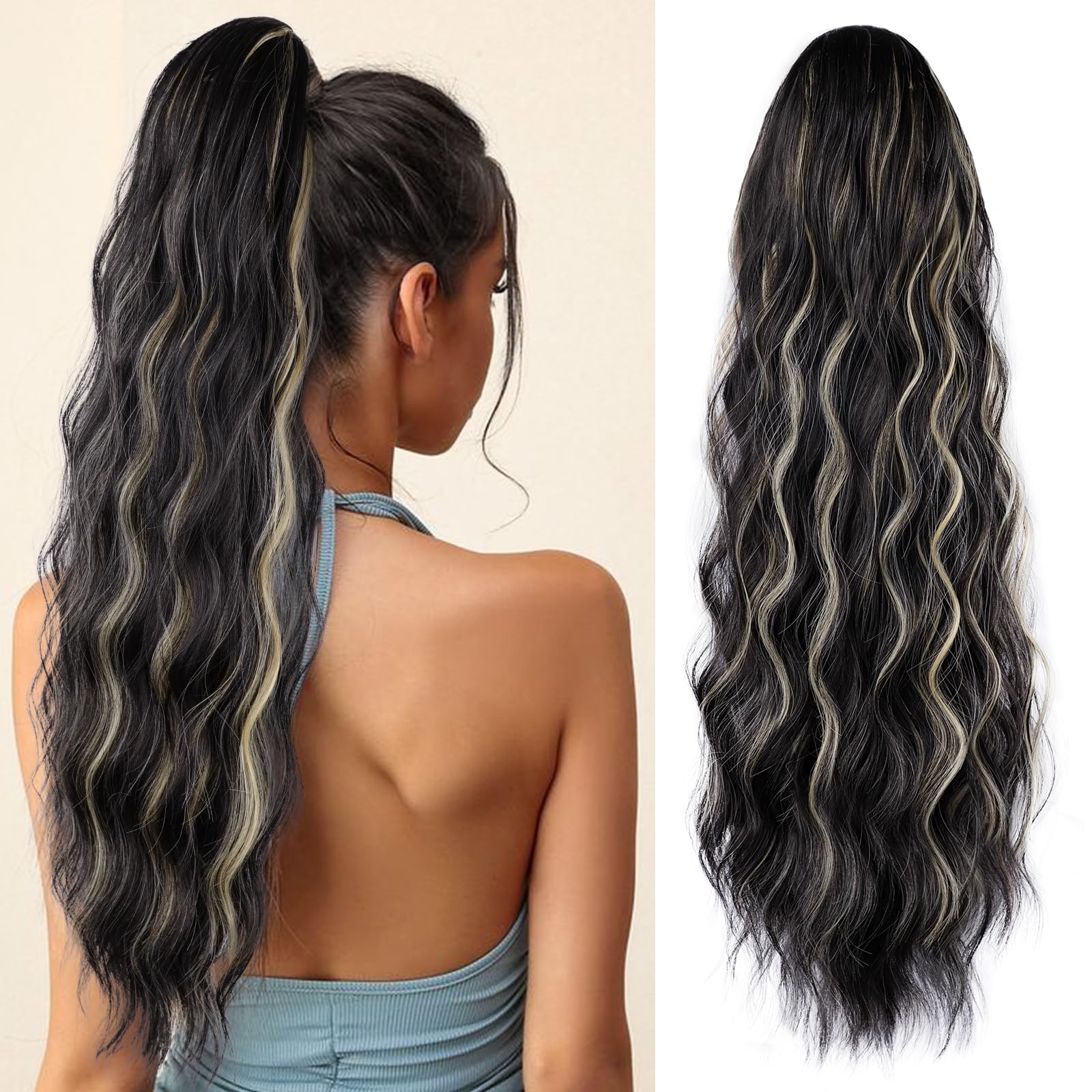 Photo 1 of FREEMEIGE Ponytail Extension Long Wavy Drawstring Ponytail Clip in Ponytail Fake Pony Tail Black mixed Blonde Hair 
