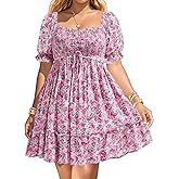 Pinup Fashion Women Plus Size Casual Puff Sleeve Sweetheart Neckline Smocked Short Summer Babydoll Cute Mini Dress