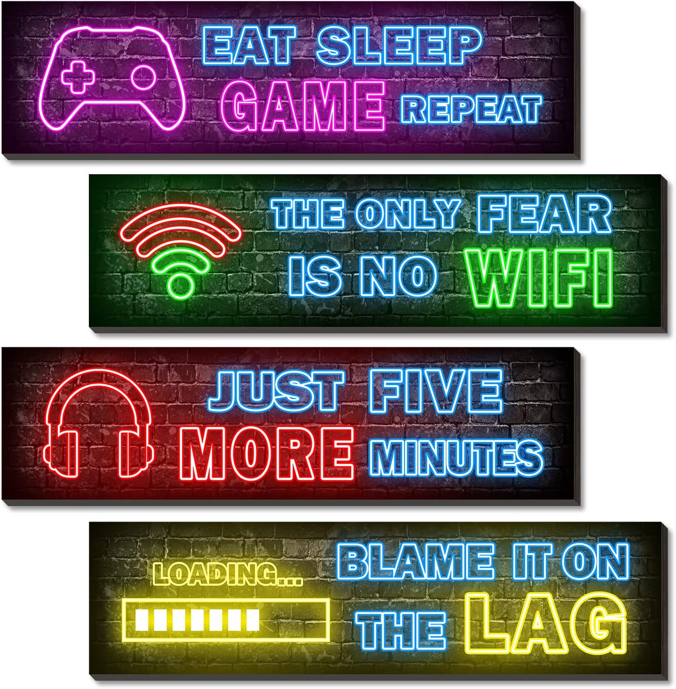 Wall Décor - 4 Pcs Printed Neon Gaming Posters, Teen Boys Room Decorations, gamer wall art Decor for bedroom Wooden