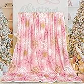 JarThenaAMCS Winter Throw Blanket Gold Pink Xmas Snowflake Fuzzy Blanket Decorative Soft Cozy Flannel Blanket for Christmas Holiday Home Bed Sofa Couch Chair, 50 x 60 Inch