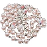 Nazareth Store Pearl Beads Rosary White Flowers Beaded Necklace Lourdes Medal & Cross Crucifix