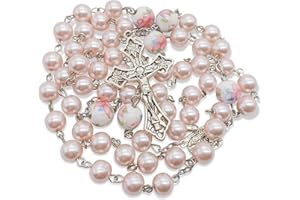 Nazareth Store Pearl Beads Rosary White Flowers Beaded Necklace Lourdes Medal & Cross Crucifix