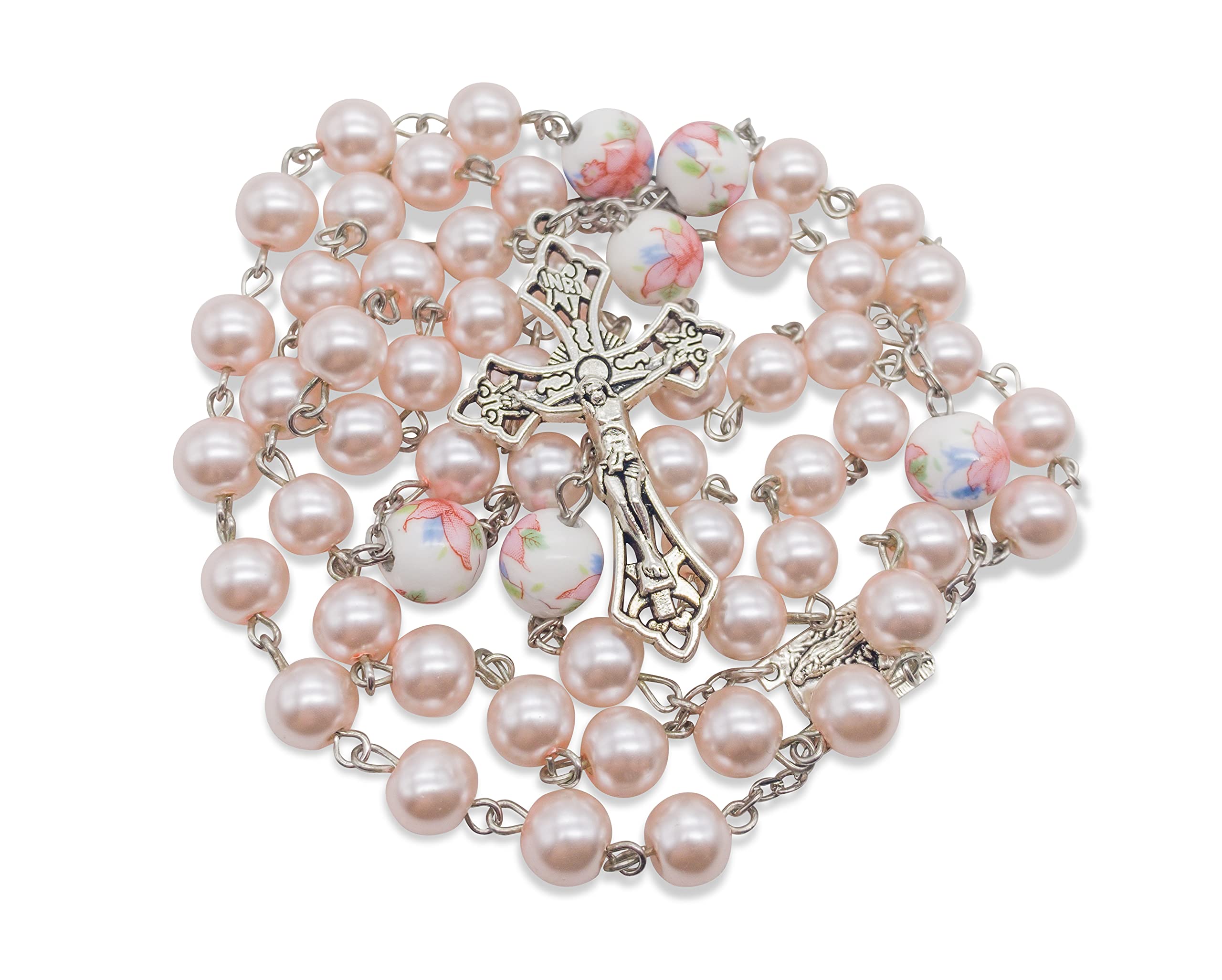 Nazareth Store Blue Pearl Beads Rosary White Flowers Beaded Necklace Lourdes Medal & Cross Crucifix (Pink)