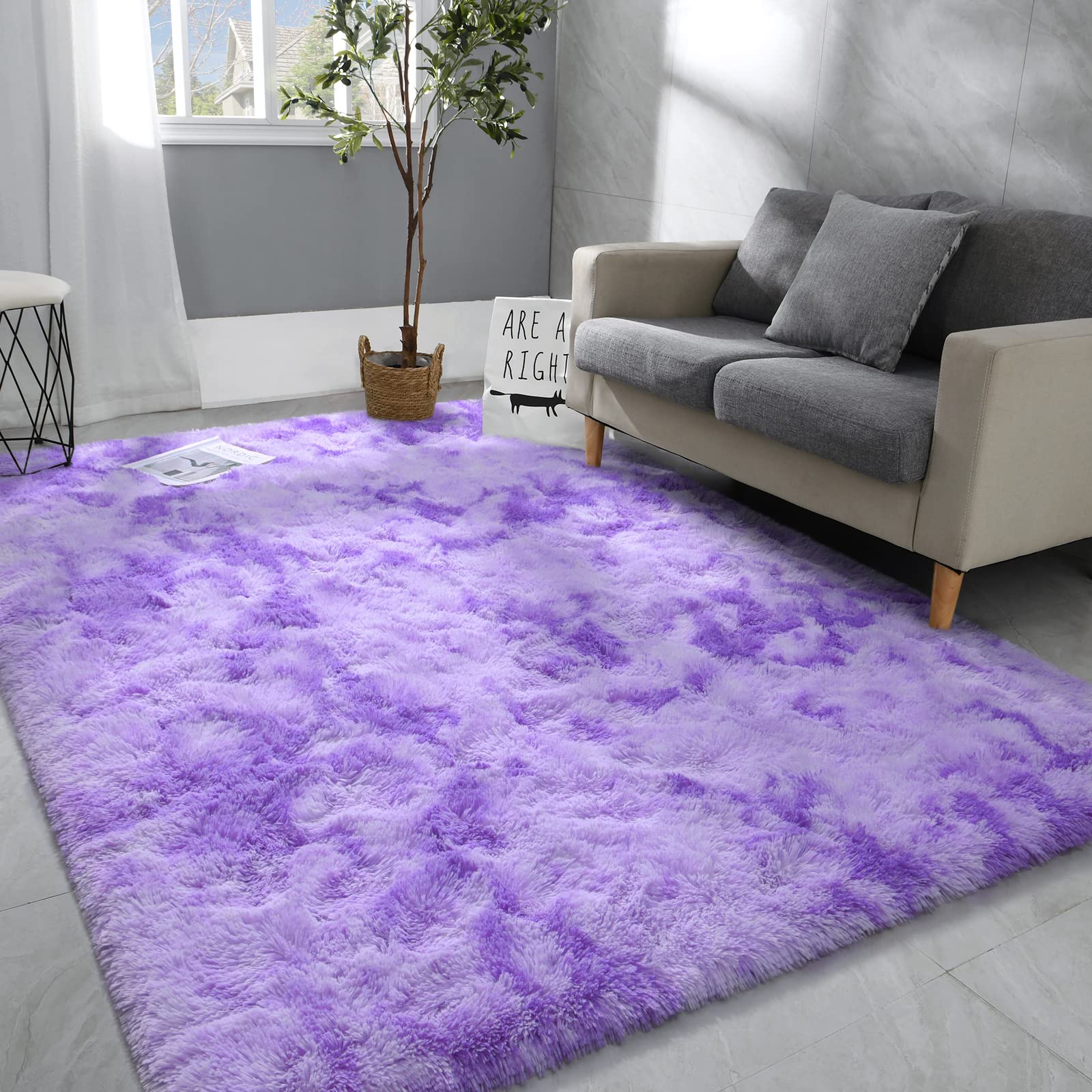 Photo 1 of Hutha 4x6 Large Area Rugs for Living Room, Super Soft Fluffy Modern Bedroom Rug, Tie-Dyed Purple Indoor Shag Fuzzy Carpets for Girls Kids Nursery Room Home Decor
